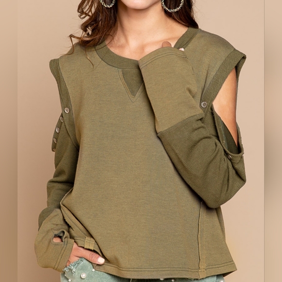 #126 SALE 🛑20S POL Boho Cutout Detailed French Terry Pullover Top - Picture 6 of 6